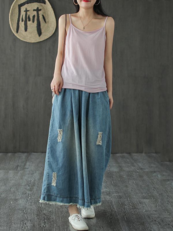 Loose Elastic Waist Wide-Leg Jean Pants