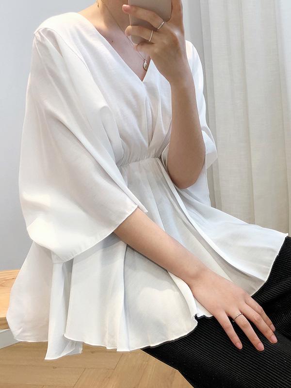 Loose Solid V-Neck Bat Sleeves Chiffon Shirt