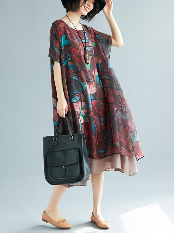 Loose Vintage Floral Chiffon Dress