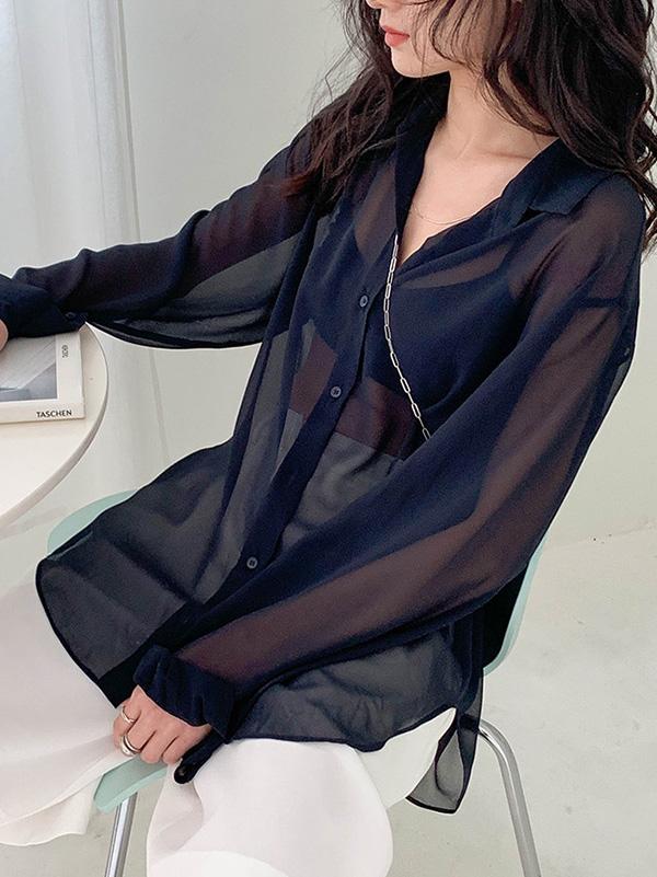 Solid Color See-Through Loose Shirt