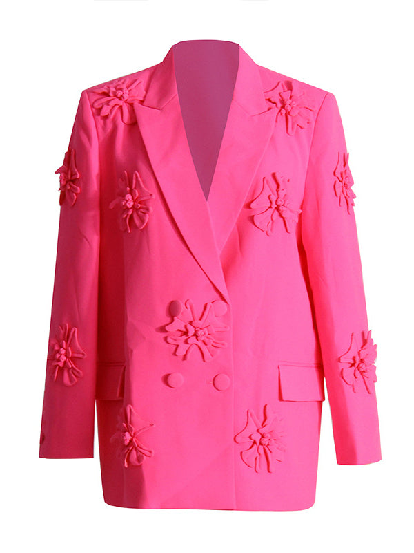 Long Sleeves Flower-Embellished Solid Color Lapel Blazer Outerwear