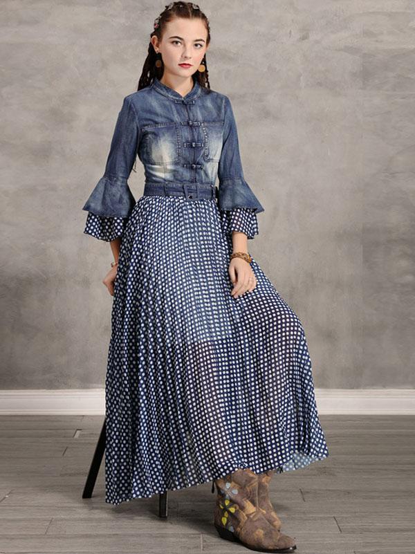 Polka-Dot Stitching Jean Flare Midi Dress