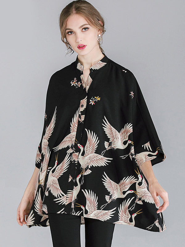 Crane Print Loose Oversized Shirt