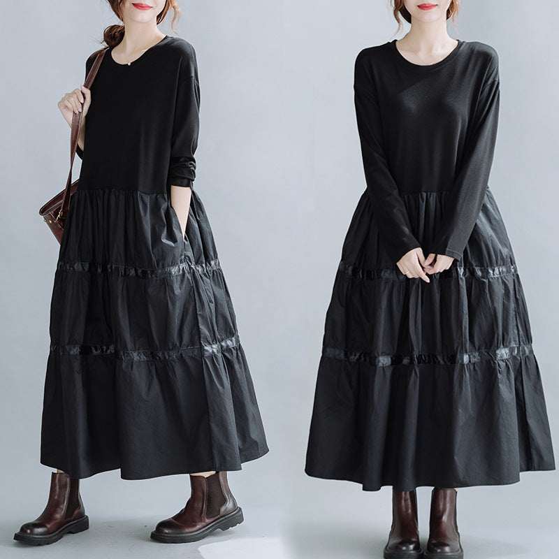 Women Retro Stitching Loose Dress