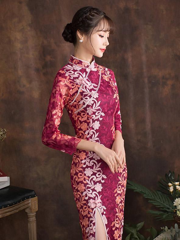 Lace Half Sleeves Cheongsam Midi Dress