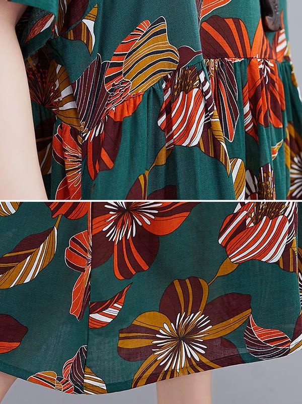 Vintage Floral Round-Neck Short Sleeve Dress