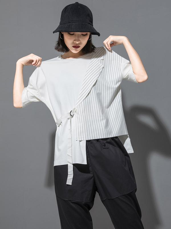 Striped Splicing Cropped Lace-Up T-Shirt