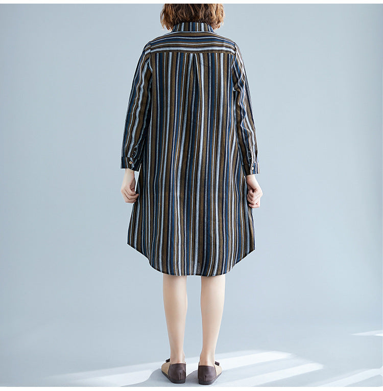 Casual Lapel Striped Midi Dress