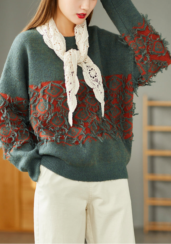 Vintage Jacquard Tassel Round Neck Knitted Loose Sweater