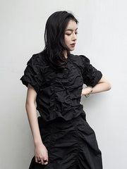 Loose Pleated Solid Puff Sleeve T-Shirt