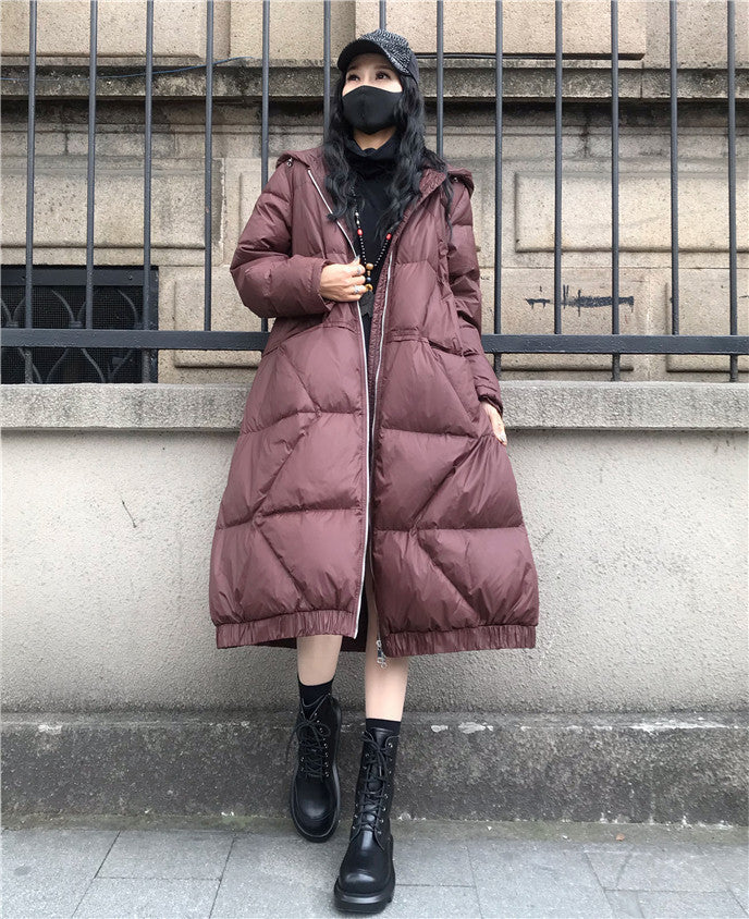 Large Size Loose Mid-Length Thick Hooded Down Coat