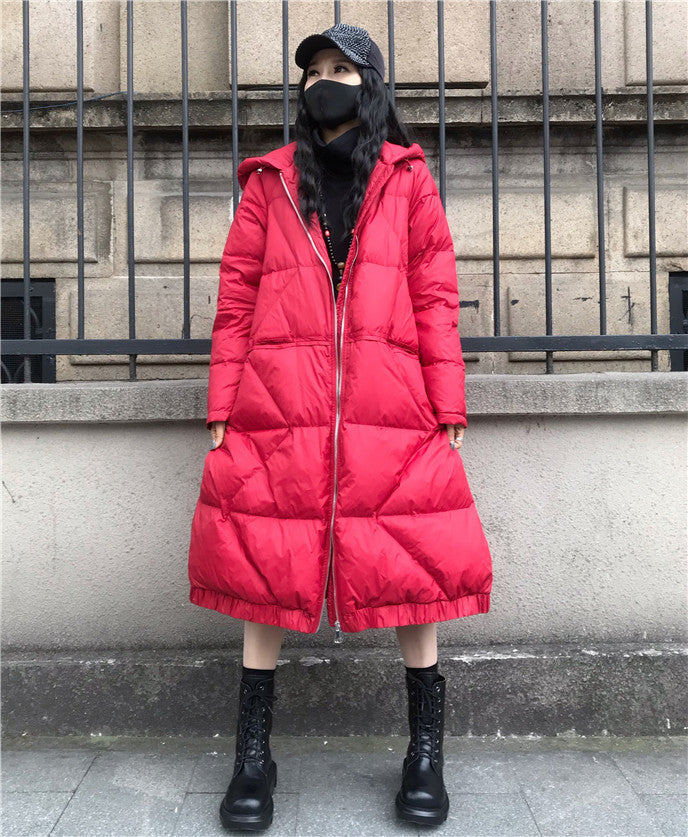 Large Size Loose Mid-Length Thick Hooded Down Coat