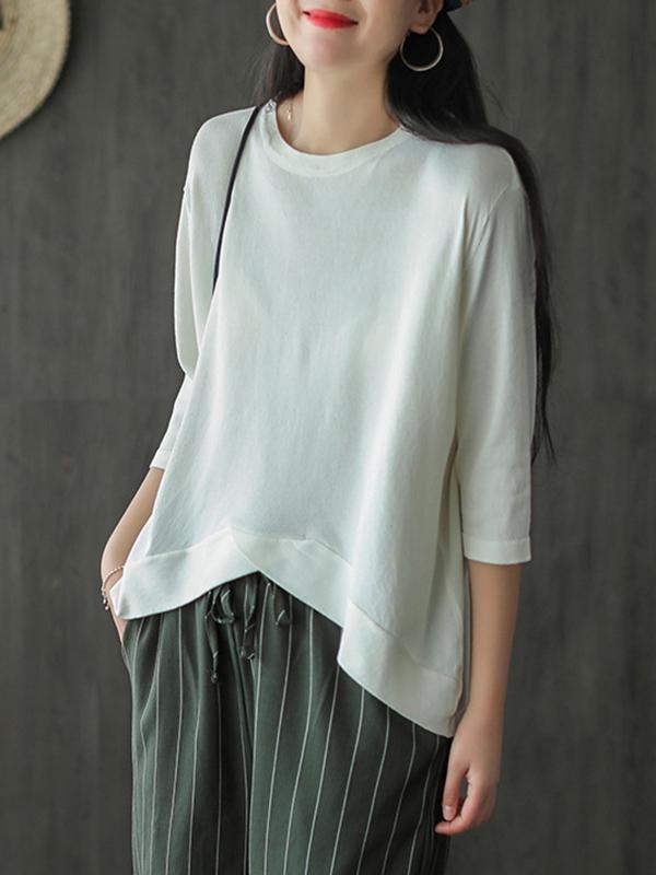 Solid Color Loose Round Neck Cropped T-Shirt