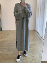 Loose Solid Knitted Split Hooded Midi Dress