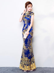 Blue Lace Embroidered Mermaid Cheongsam Evening Dress