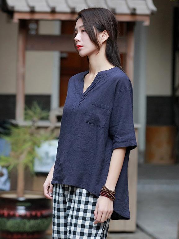 Retro Cotton V-neck T-shirt
