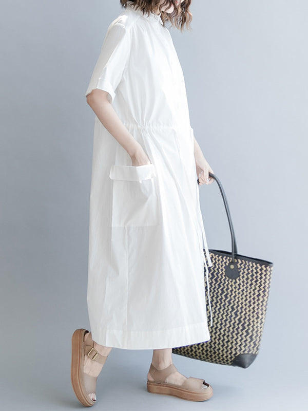 Women Solid Color Round Neck Waist Drawstring Dress