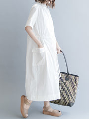 Women Solid Color Round Neck Waist Drawstring Dress