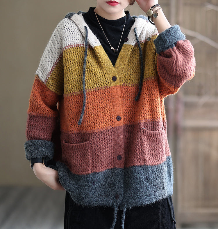 Casual Color Striped Hooded Knit Sweater