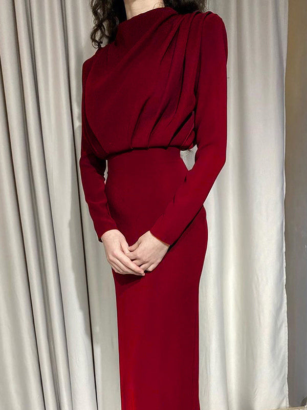 High Waisted Long Sleeves Pleated Solid Color Mock Neck Midi Dresses