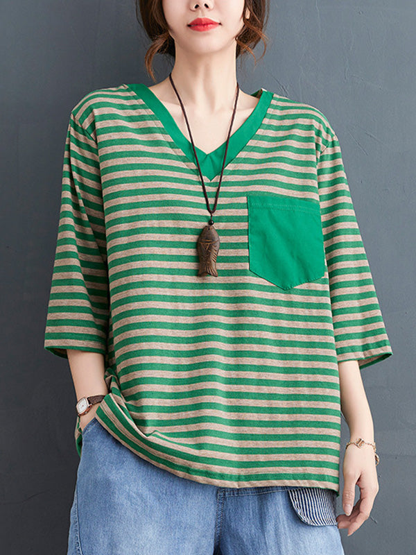 Loose V-Neck Striped Casual T-Shirt