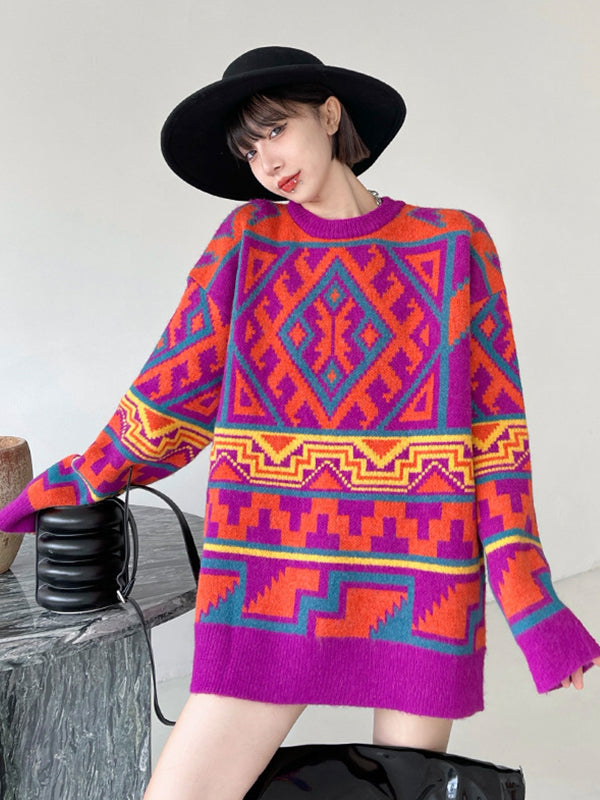 Ethnic Style Loose Geometric Jacquard Sweater