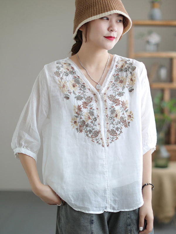 Vintage Embroidery V Neck Short Sleeve Thin T-Shirt