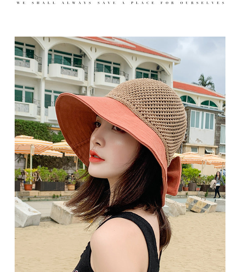 Women Foldable Sunscreen Hollow Beach Knitted Hat