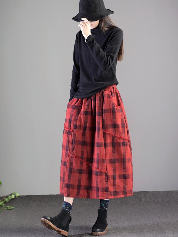 Vintage Splicing Plaid Thickening A-Line Skirt