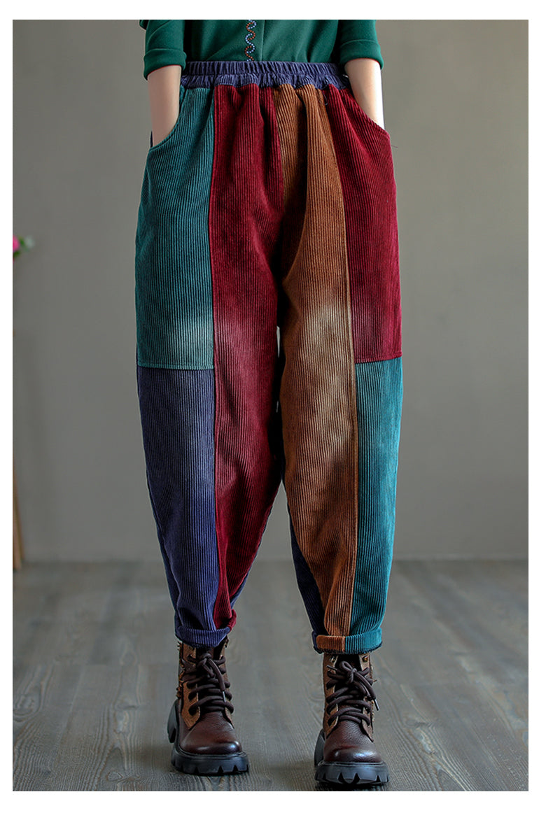 Retro Color-Block Thicken Harem Pants