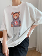 Round Neck Bear Print Short Sleeves T-Shirt Tops