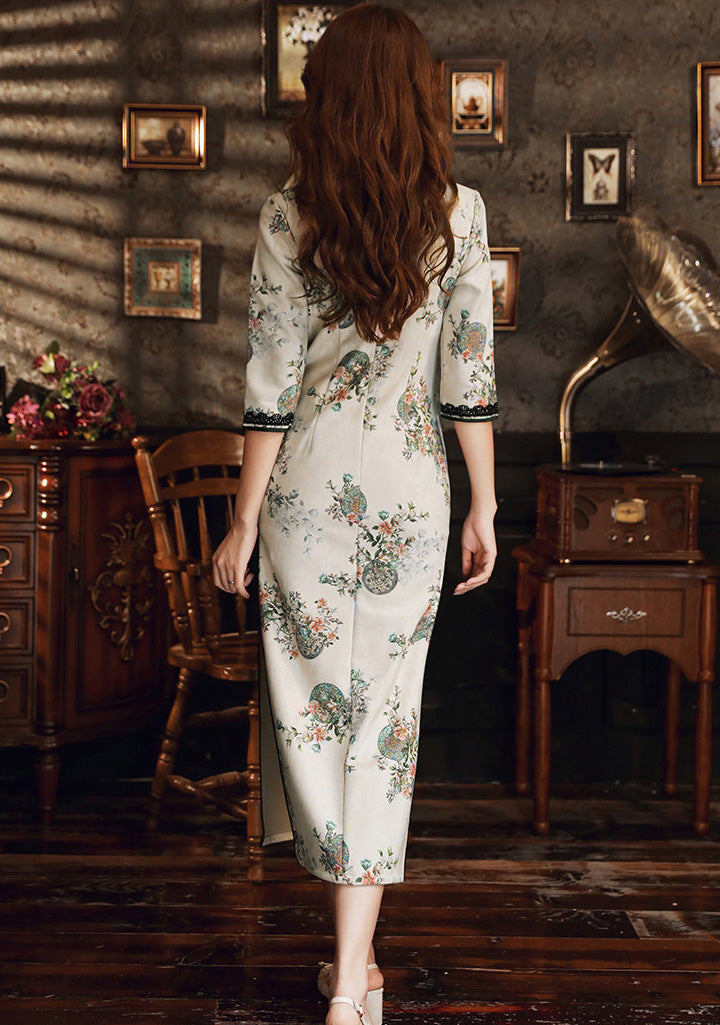 Stand-Up Neckline, High Slit, Seven-Part Sleeve Lace Cheongsam Maxi Dress