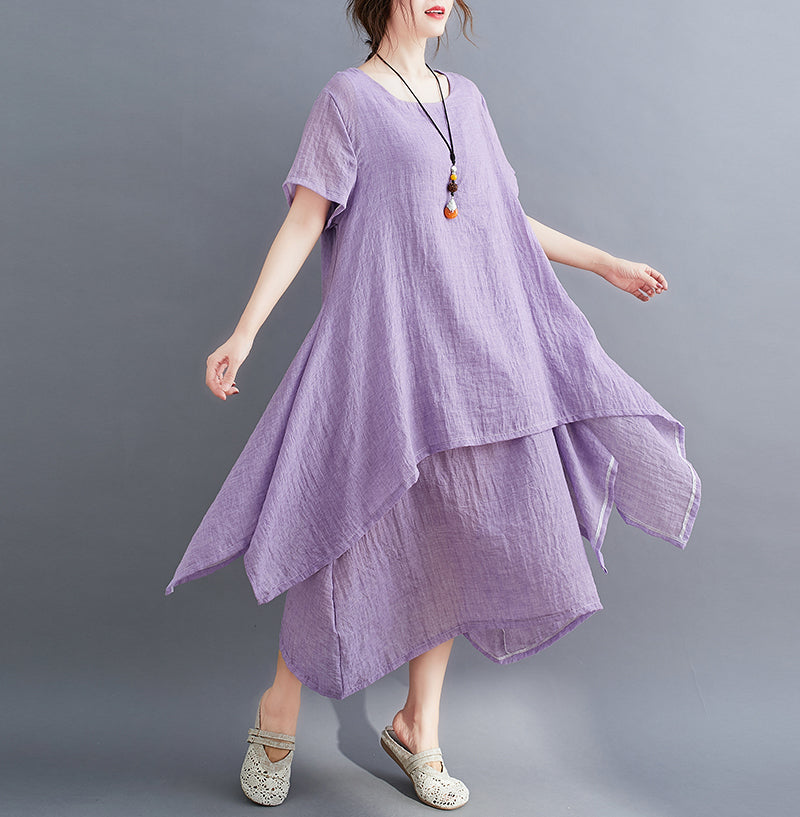 Retro Round Neck Solid Color Irregular Casual Dress