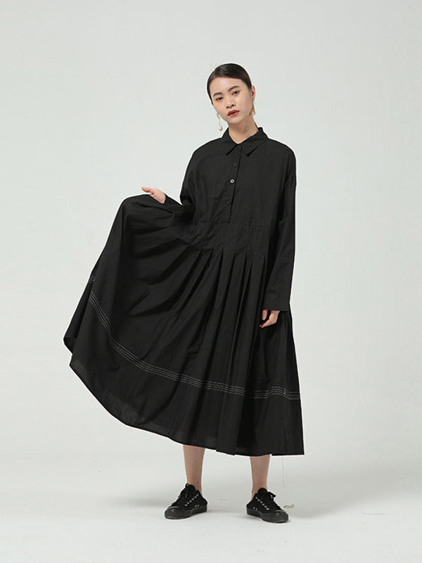 Solid Color Long Sleeve Pleated Maxi Dress