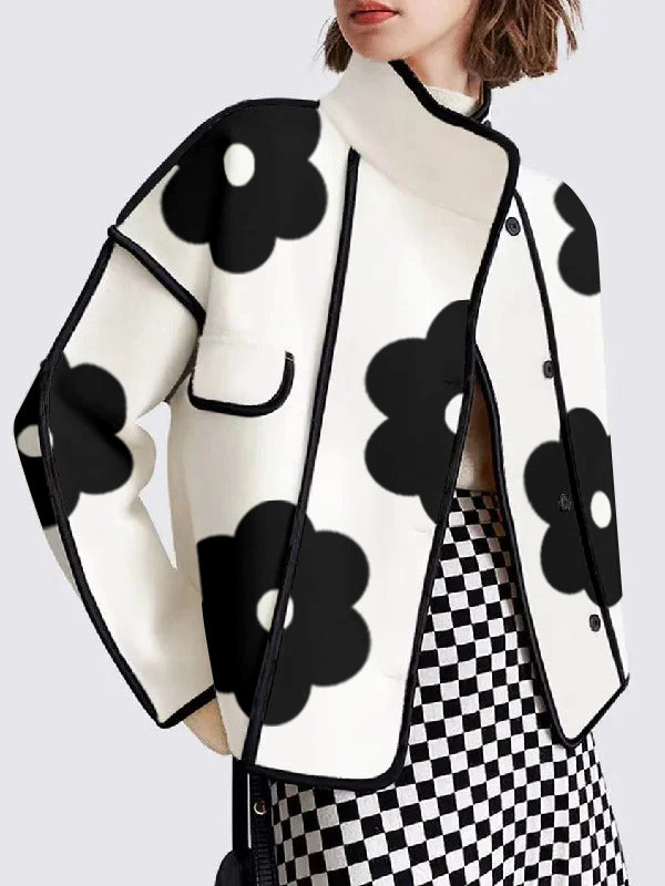 Long Sleeves Loose Contrast Color Flower Print Split-Joint Stand Collar Outerwear