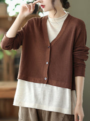 Retro Color-Block Fake Two-Piece Knitted Sweater Cardigan