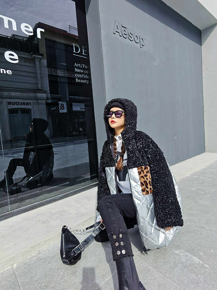 Women Leopard Print Pocket Color Block Coat