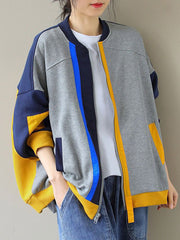 Casual Loose Contrast Color Split-Joint Stand Collar Long Sleeves Outwear