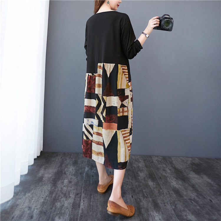 Women Print Stitching Long Sleeve Dress