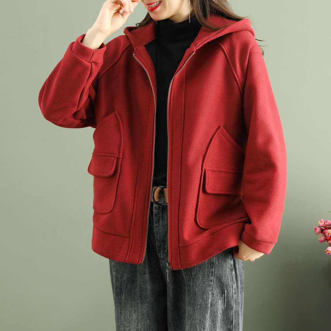 Women Retro Loose Hooded Coat