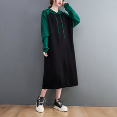 Retro Loose Color-Block Hooded Midi Dress