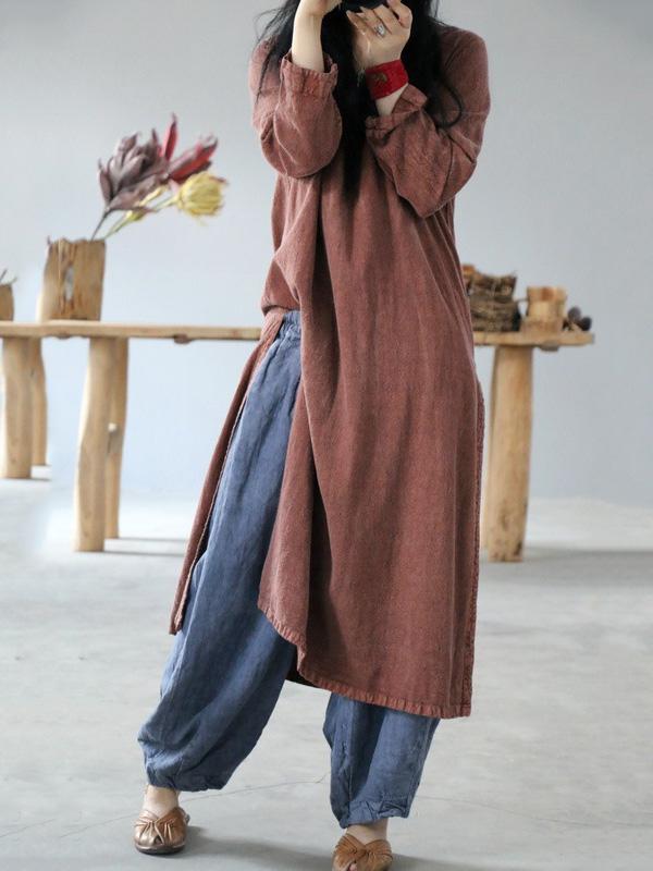 Vintage Solid V-Neck Split-Side Button Dress