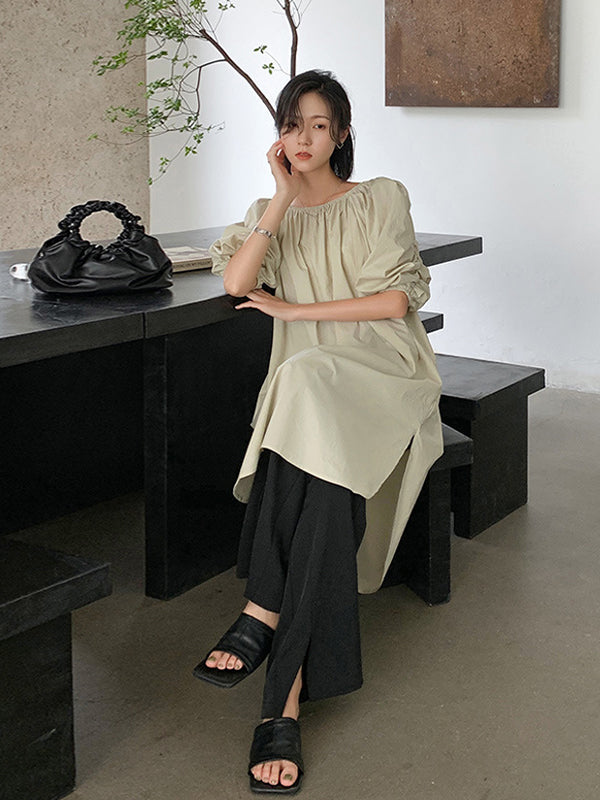 Simple Solid Color Loose Lantern Sleeve Dress