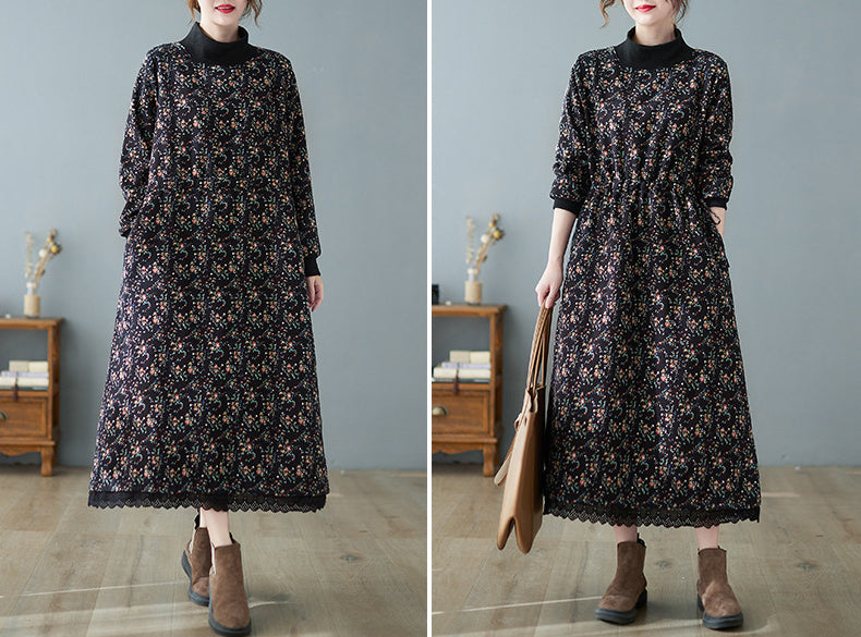 Patchwork Collar Floral Lace-Up Long Midi Dress