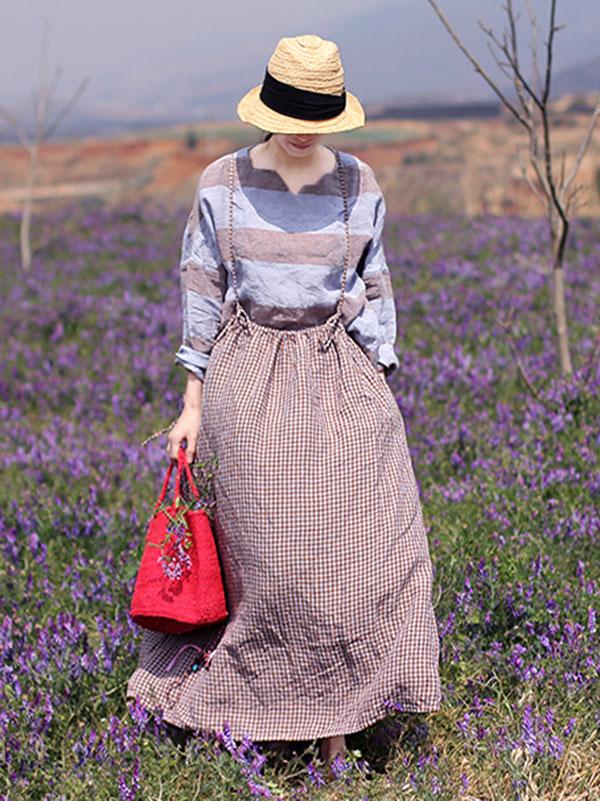 Retro Linen Plaid Braces Skirt