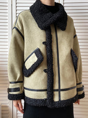 Women Lapel Color Block Casual Coat