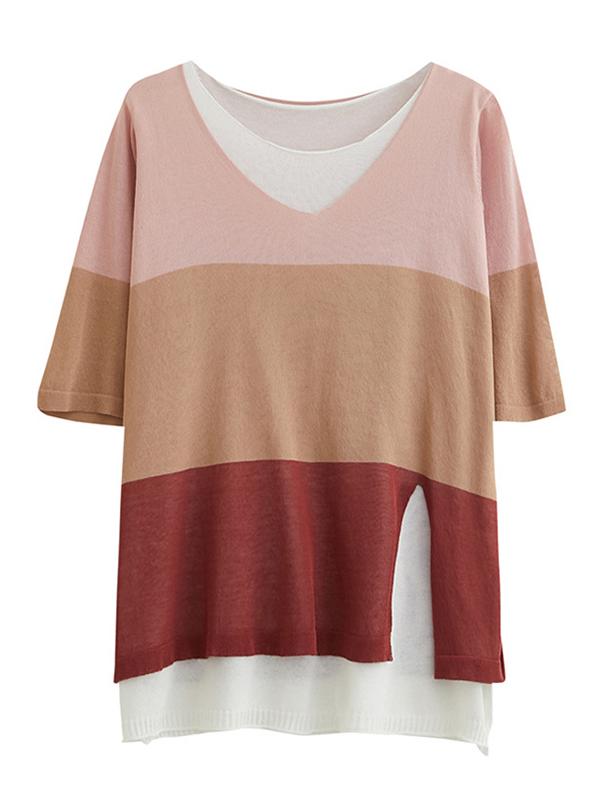 Loose False-Two Light Knitting Striped T-Shirts