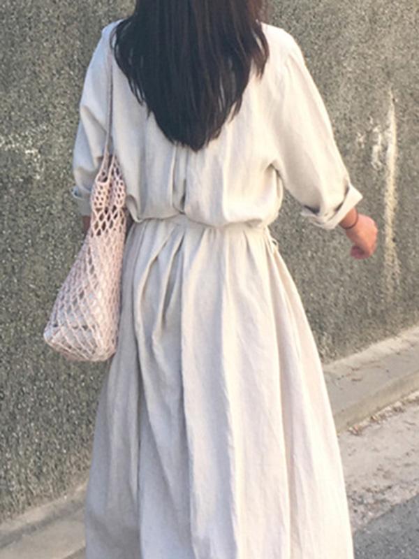 Retro Linen Lace-up Long Dress