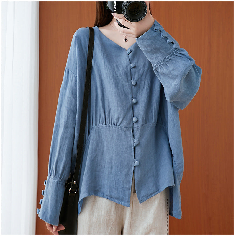 Ramie Cotton Batwing Sleeves Solid Blouse