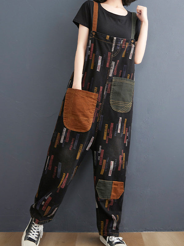 Retro Print Loose Big Pocket SuspendersCcasual Pants